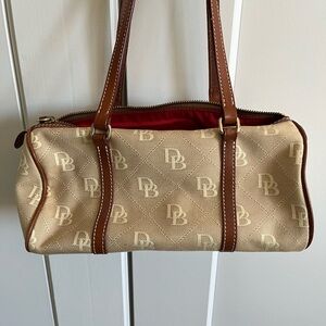 Dooney & Bourke Beige Monogram Barrel Bag with Brown Trim